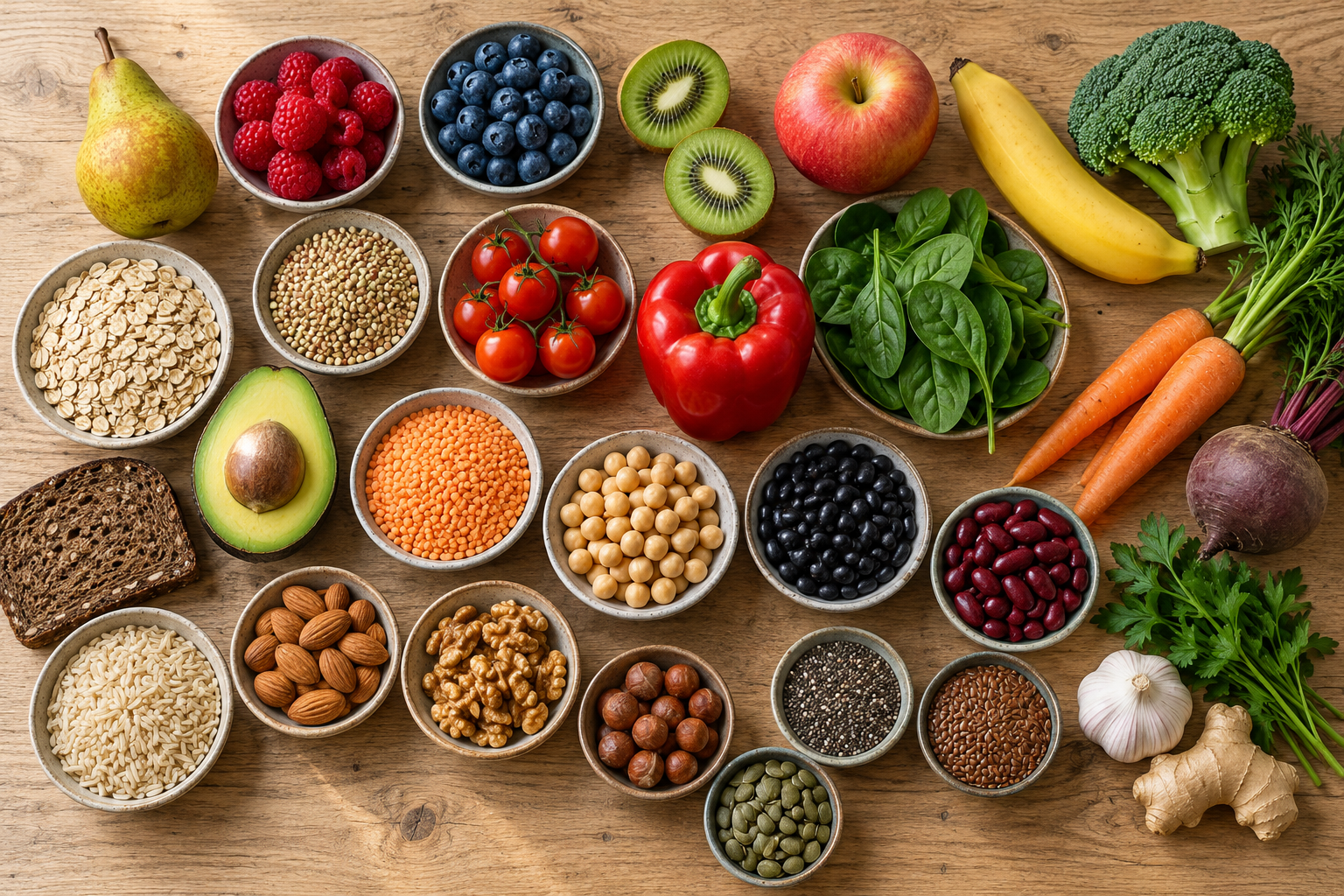 Thirty different plants laid out in bowls on a wooden table: berries, beans, grains, nuts, seeds and vegetables