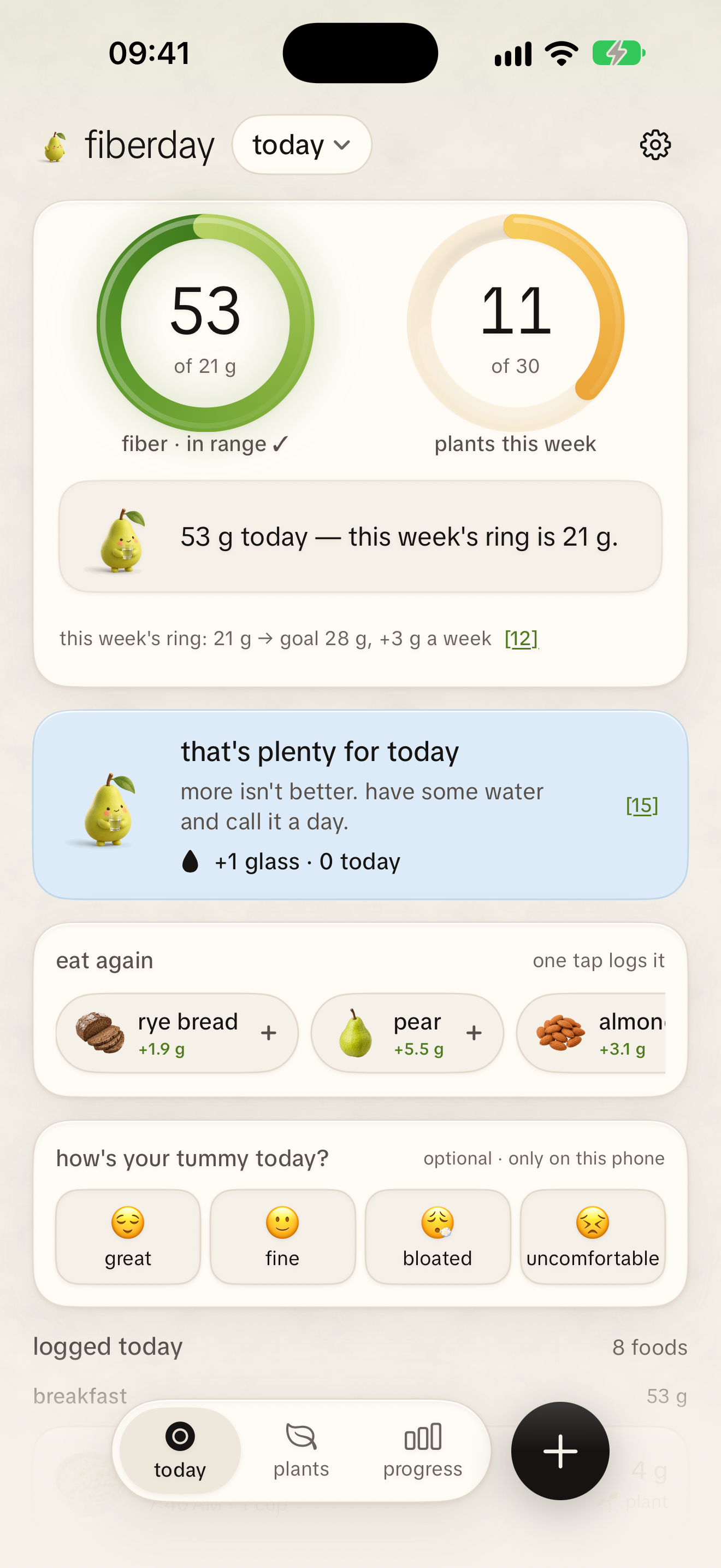 Today at 53 g: pip says that's plenty for today, have some water
