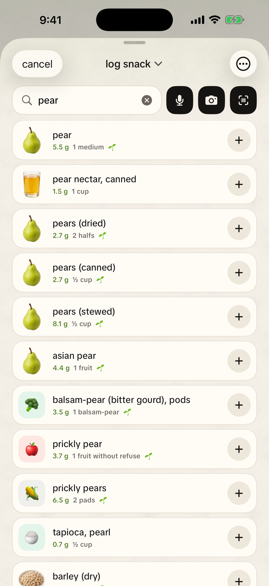 Searching pear in the offline food database, with fiber per portion