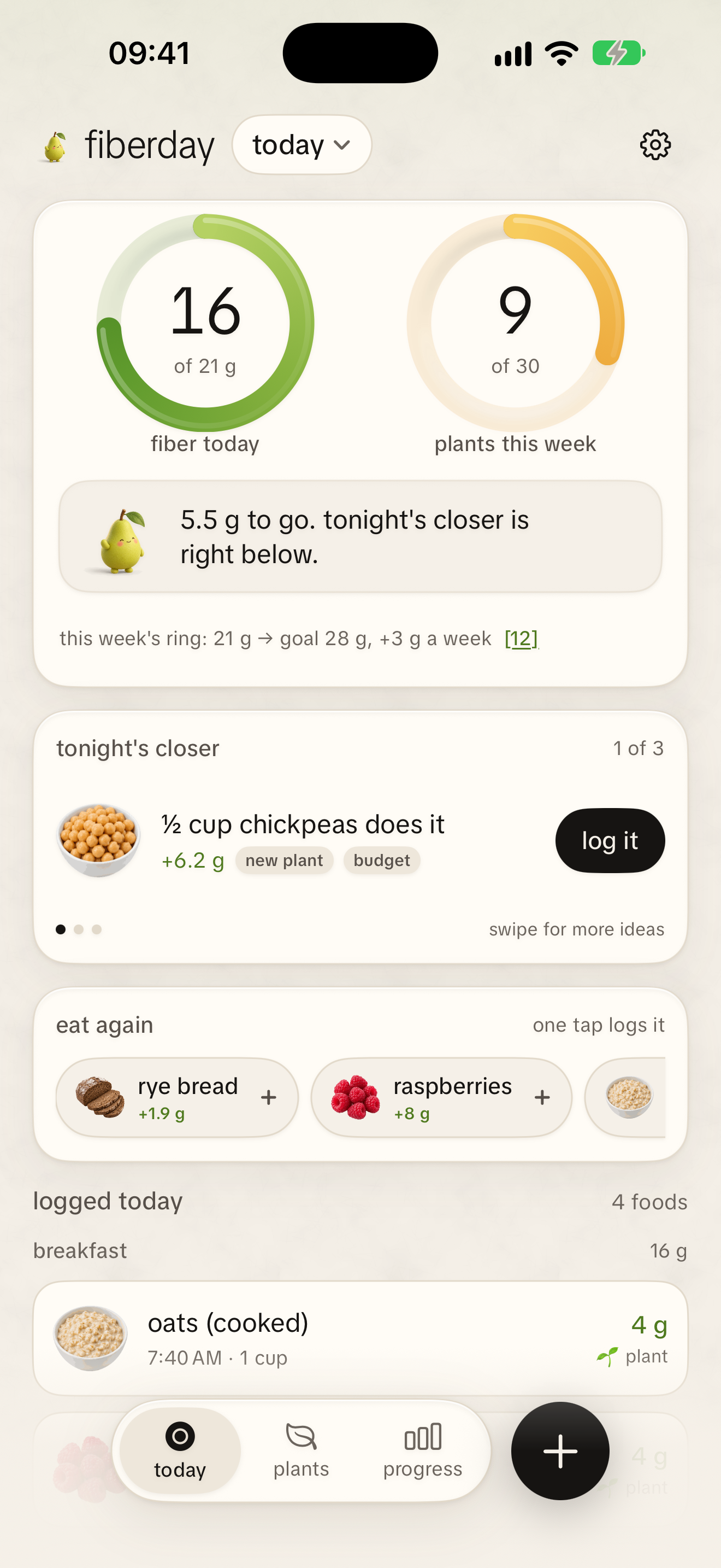 The Today screen: the fiber ring at 16 of 21 g, 9 of 30 plants, and tonight's closer, half a cup of chickpeas